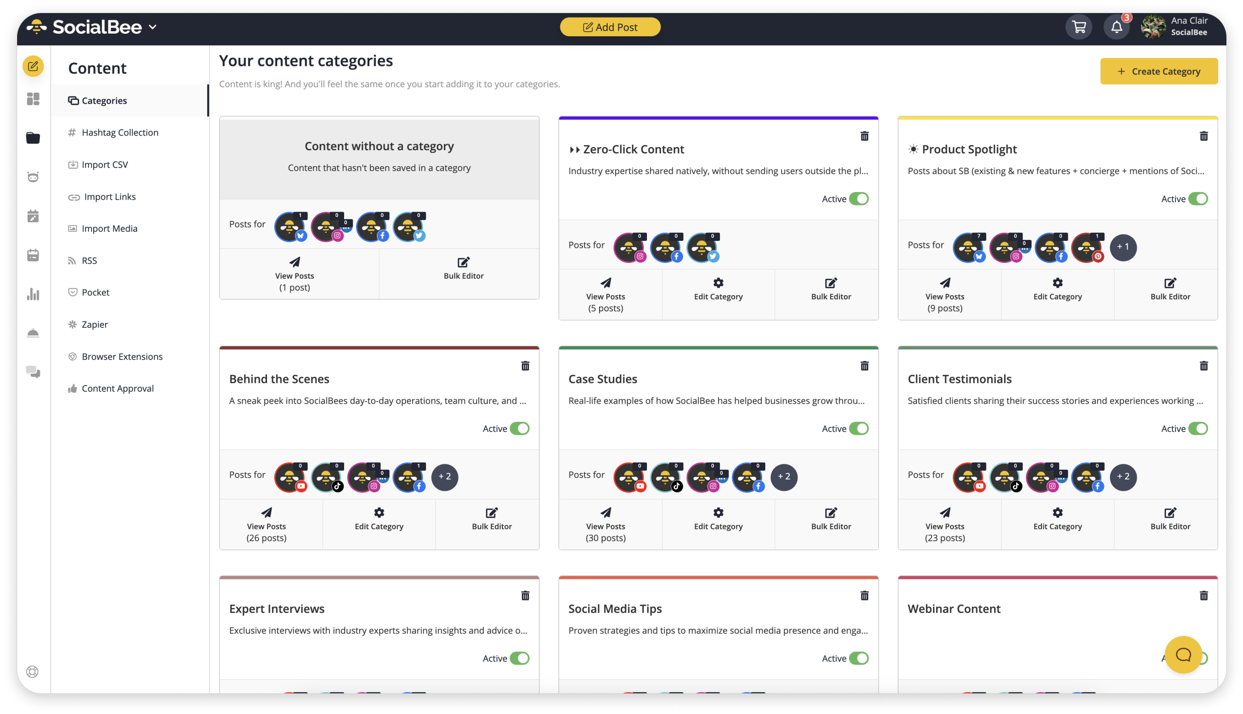 SocialBee content categories